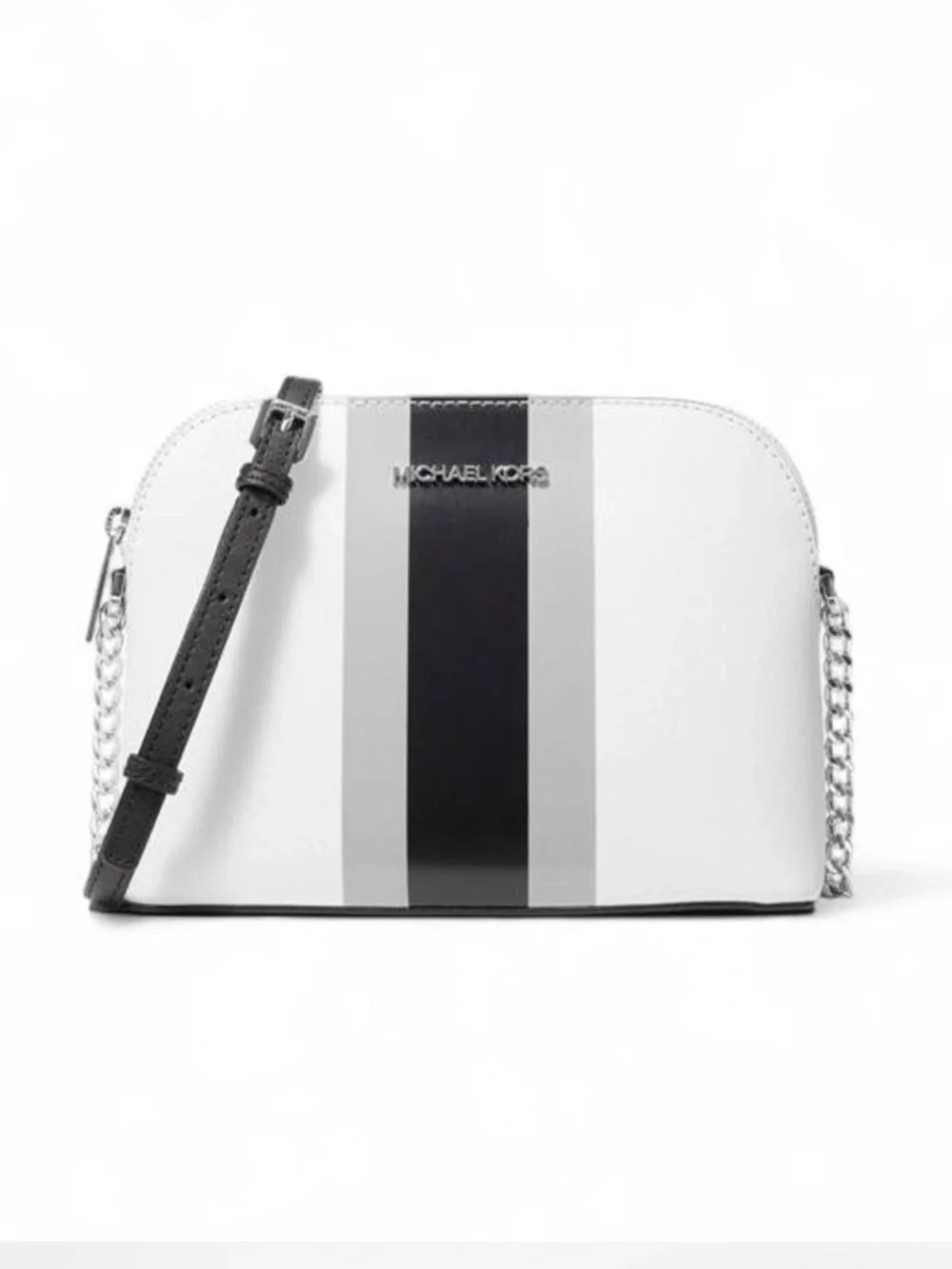 Michael Kors White Crossbody with Black and Gray Center Stripes